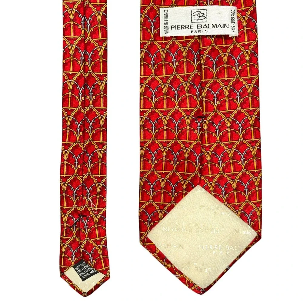 Vintage Pierre Balmain 100% Silk Tie Red‎ Gold Gothic Arches France 3.75x59